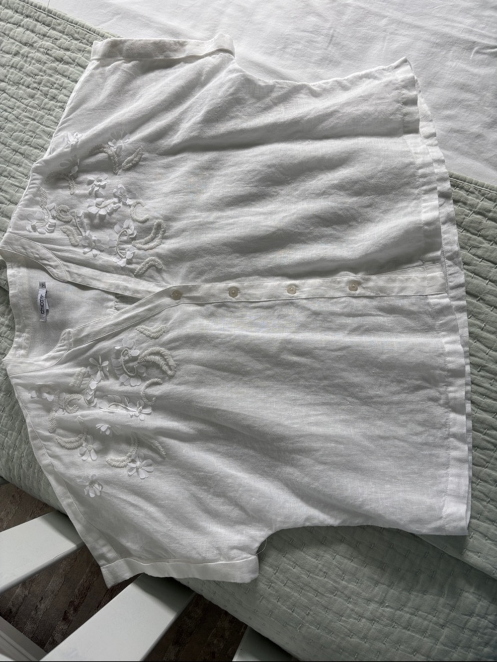 Chico's White Linen Floral-Embellished V-Neck Blouse